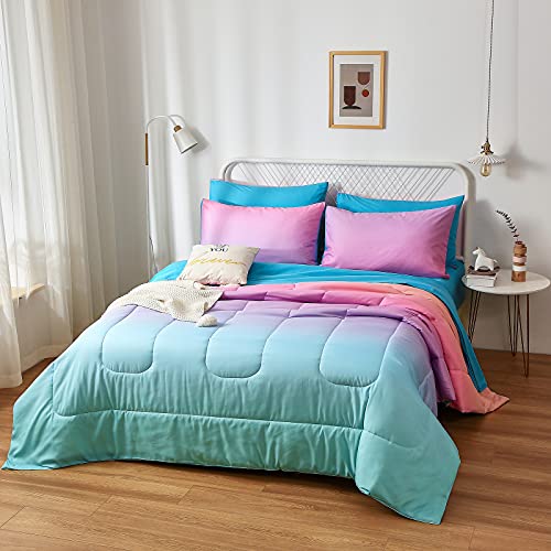 Inron Rainbow Kids Comforter Sets For Girls, Twin Size 4-Pieces Bed In A Bag, Ultra Soft Microfiber Comforter And Sheet Sets, All Season Durable Bedding Set(Rainbow,Twin) #TOP1