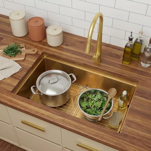 LQS Gold Kitchen Sink, 32 Inch Gold Undermount Kitchen Sink, 32” x 19" Stainless Steel 16 Gauge Kitchen Sinks with Pratical Accessories For Luxury Kitchens, Round Corner and X Drain Line by LQS - Used condition - Image 8