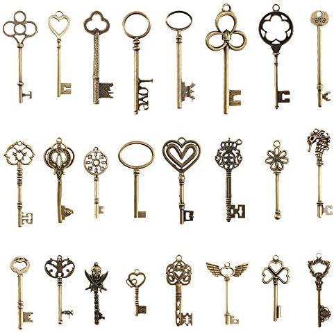 Pulluo 24Pcs Antique Bronze Keys Charm Pendants Vintage Skeleton Charms keys Handmade Jewellery Sets for Necklace Bracelet Jewellery Making Supplies Favor Birthday Party Home Decor