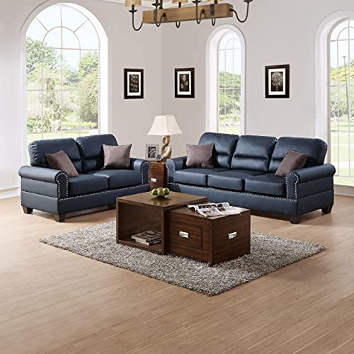 Poundex Bobkona Shelton Bonded Leather 2 Piece Sofa And Loveseat Set, Black #TOP1