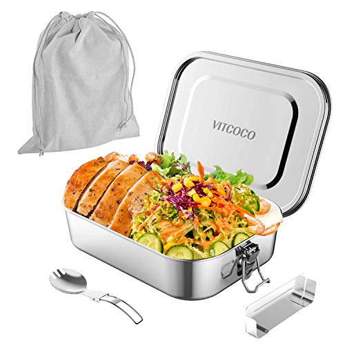 VITCOCO Lunch Box Anti-Fuite (800ML), Boîte Bento pour Le Déjeuner en Acier Inoxydable avec Clip de Verrouillage et Compartiment Amovible pour Le Pique-Nique, l'école, Le Travail (800ML)