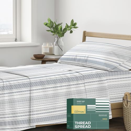 THREAD SPREAD 100% Organic Cotton Sheets Twin Size - Organic Cotton Twin Percale Weave Sheet Set (3 PC, Dotted Stripe), Soft, Cooling, Crisp & Breathable, 16" Deep Pocket Bedding Set for Dorm Room