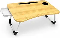 Mesa Portátil Dobrável em MDF com Gaveta e Porta-Copo, para Notebook, Home Office, Estudo e Refeição na Cama, Estrutura Resistente (Madeira com gaveta)