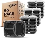 Freshware Conteneurs de préparation des repas [50 Boîte] 3 Compartiment Contenants de stockage d'aliments avec des Lids, Bento Box, BPA Gratuit, empilable, Micro-ondes / Lave-vaisselle / Congélateur Safe (24 oz)