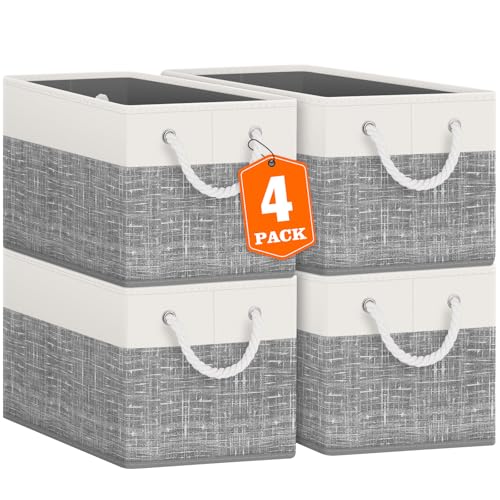 Image of Fab totes Storage Bins [4-Pack], Foldable Storage Baskets for Organizing Toys, Books, Shelves, Closet, Large Storage Box with Rope Handles, Sturdy Organizer Bins, White & Grey