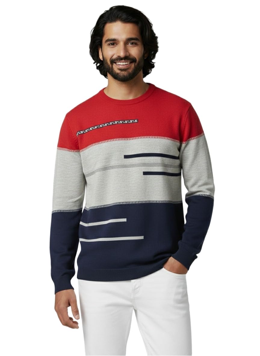 Men's Colour Block Striped Crew Neck T-Shirt, Red Grey Navy, Cotton Knit Long Sleeve Pullover-picture-38