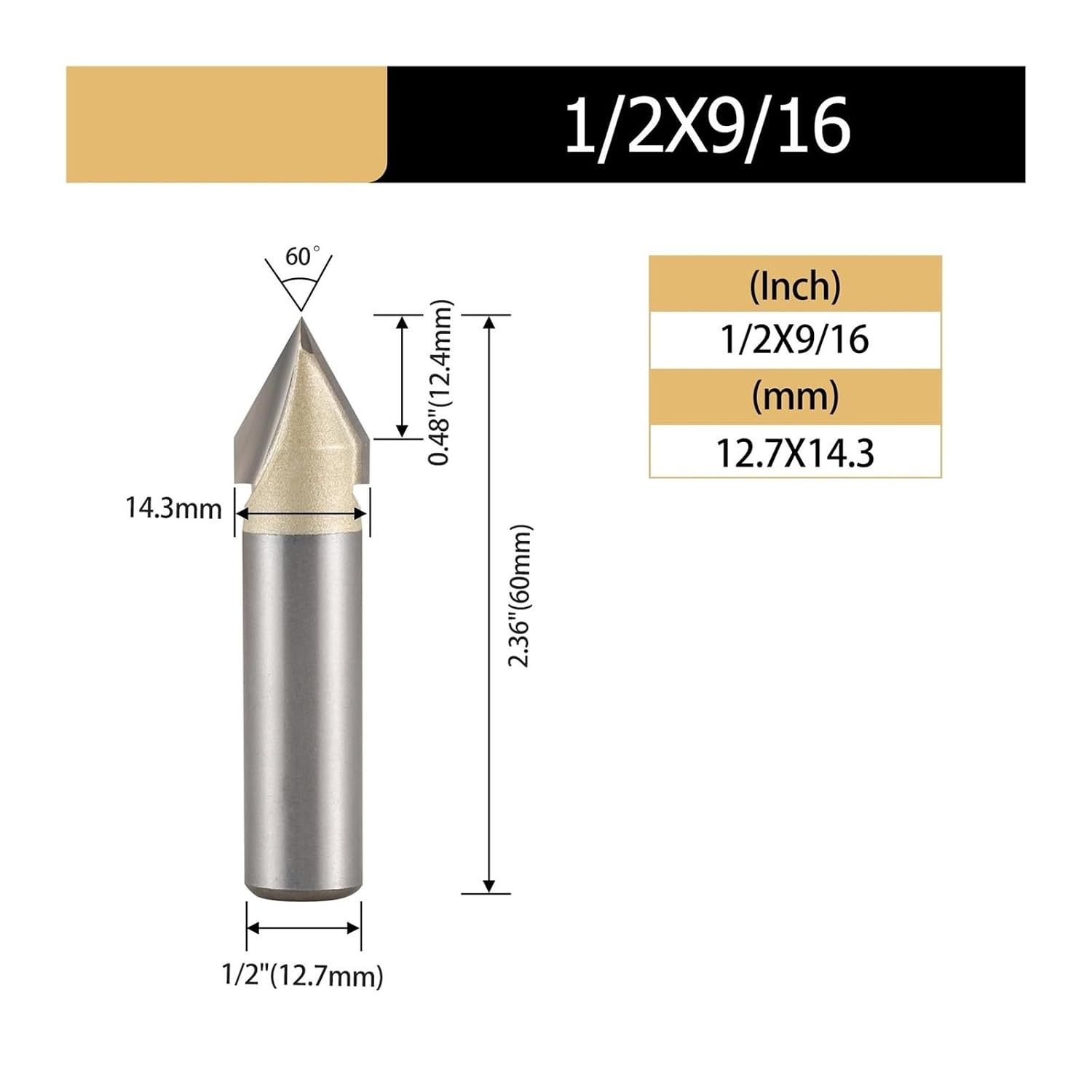 Countersink Drill 2Pcs 6.35mm 12.7mm V Bit,CNC Solid Carbide end Mill milling Cutter,3D Router bit, 45 60 Degrees(60D S12.7xD14.29)