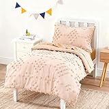 Picture of Toddler Bedding Set for Girls 4-Piece Beige Jacquard Pom Pom Tufts Embroidery Bohemian Boho Tufted Dots Comforter Set for Baby Kids Bed-in-a-Bag with Comforter, Flat Sheet, Fitted Sheet, Pillowcase