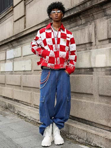 Men's Red and White Plaid Personalized Zipper Cardigan Jacket Coat Breathable Dry Urban Street Casual Trendy Jacket4