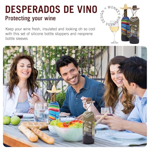 Image of Monkey Business Giftbox for Wine Lovers - 2 Neoprene Wine Bottle Poncho Covers + 2 Silicone Wine Stoppers - Funny Wine Gifts for Hosts and Parties - Insulated Wine Sleeves - Fits 750ml Bottles