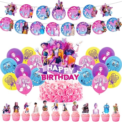 K-POP Kit complet de décoration d'anniversaire 37 pièces, avec bannière Happy Birthday, ballons chiffrés et figurines décoratives comme décoration de gâteau pour la décoration de fête, cadeau