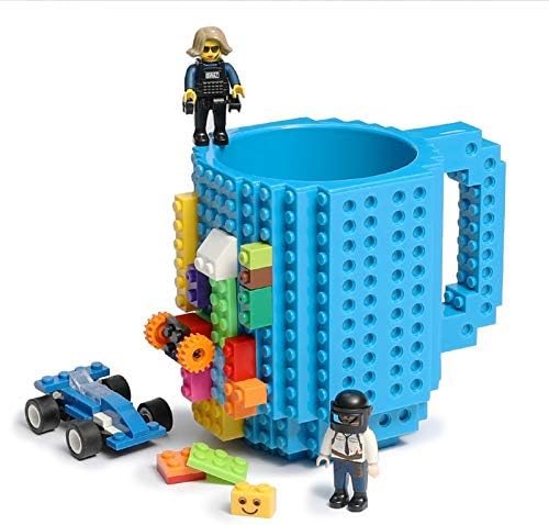 Build-on Brick Coffee Mug, Funny DIY Novelty Cup with Building Blocks Creative Gift for Kids Men Women Xmas Birthday (Blue)