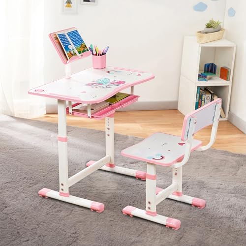 Amazon Brand -Jam & Honey Kids Functional Desk and Chair Set,Height Adjustable Children School Study Table with Book Holder Slot|Age 3+Years(Pink|Iron