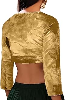The India's Store Indian Women's Stylist Velvet Saree Blouse Stitched, Sari Choli/Top V-Neck, 3/4 Sleeve with Gotta Patti