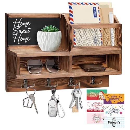 HOMEBROS Key Holder Wall Mount, Wooden Mail and Key Organizer with Chalkboard and Mirror, 3 Greeting Cards, 8 Hooks, Brown, Type 1