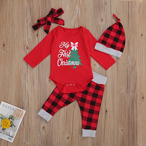Hopiumy Newborn Baby Boys Girls My 1St Christmas Outfits Deer Print Romper Plaid Pants Hat 3Pcs Fall Winter Set (Red, 12-18 Months) #TOP1