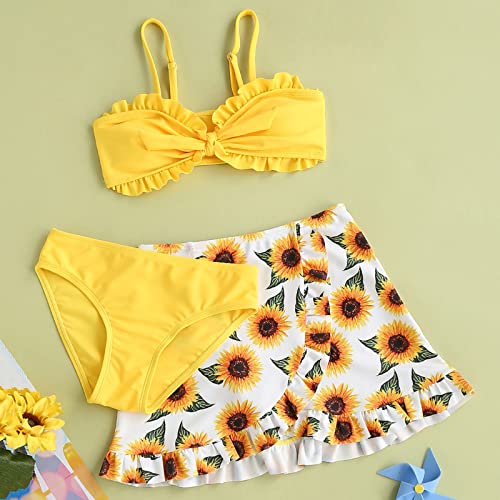 Girl's Cute 3 Piece Swimsuit V Neck Spaghetti Strap Wireless Bikini Set with Ruffle Skirt Sunflower Bathing Suit2