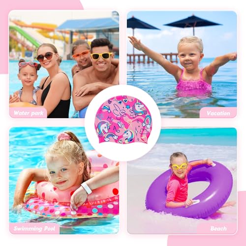 Image of Girls Unicorn Swim Cap and Goggles Set Waterproof Bathing Pool Swimming Caps Comfortable Kids Mermaid Unicorn Swimming Hats for Long and Short Hair (Unicorn Set)