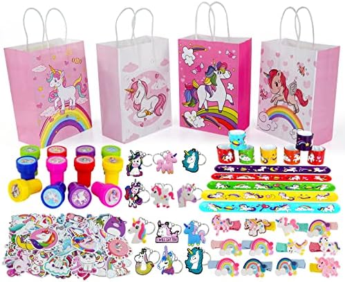 Unicorn Party Bags Fillers Set 110 Pcs Unicorn Party Favors Bags with Unicorn Party Bags Stamper Sticker Hairpin Keychain Rubber Bracelets Unicorn Party Supplies Perfect for Girl Birthday Party