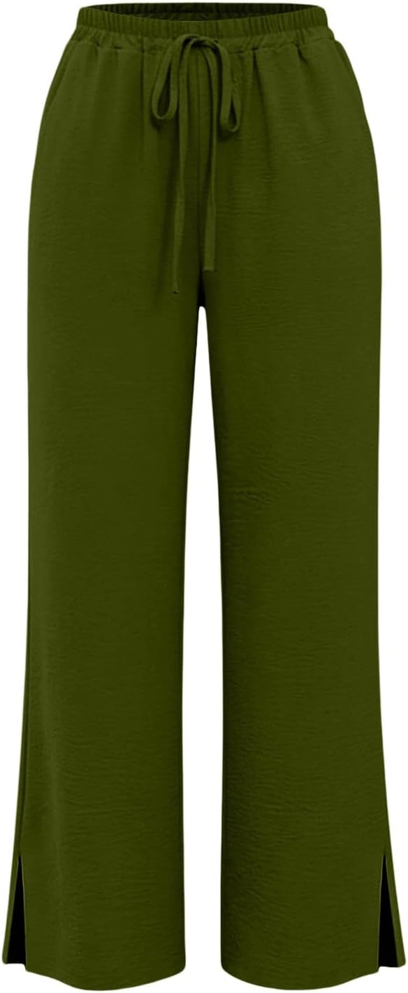 Elastic Waist Flowy Wide Leg Palazzo Trousers, Pocketed Lightweight Pants for Womens Summer Beach Vacation Outfits