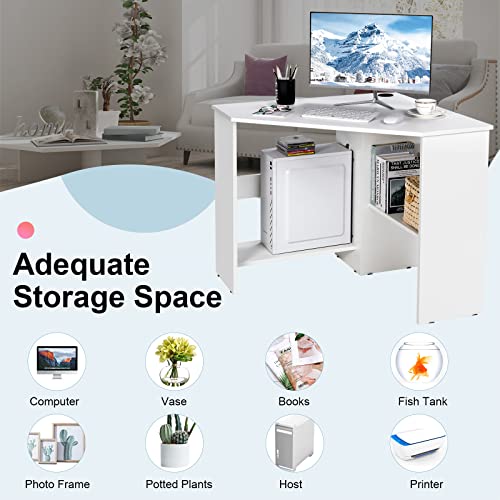 Tangkula White Corner Desk, 90 Degrees Triangle Corner Computer Desk For Small Space, Bedroom Corner Makeup Vanity Desk With Storage Shelves & Cpu Stand, Space Saving Corner Writing Desk #TOP7