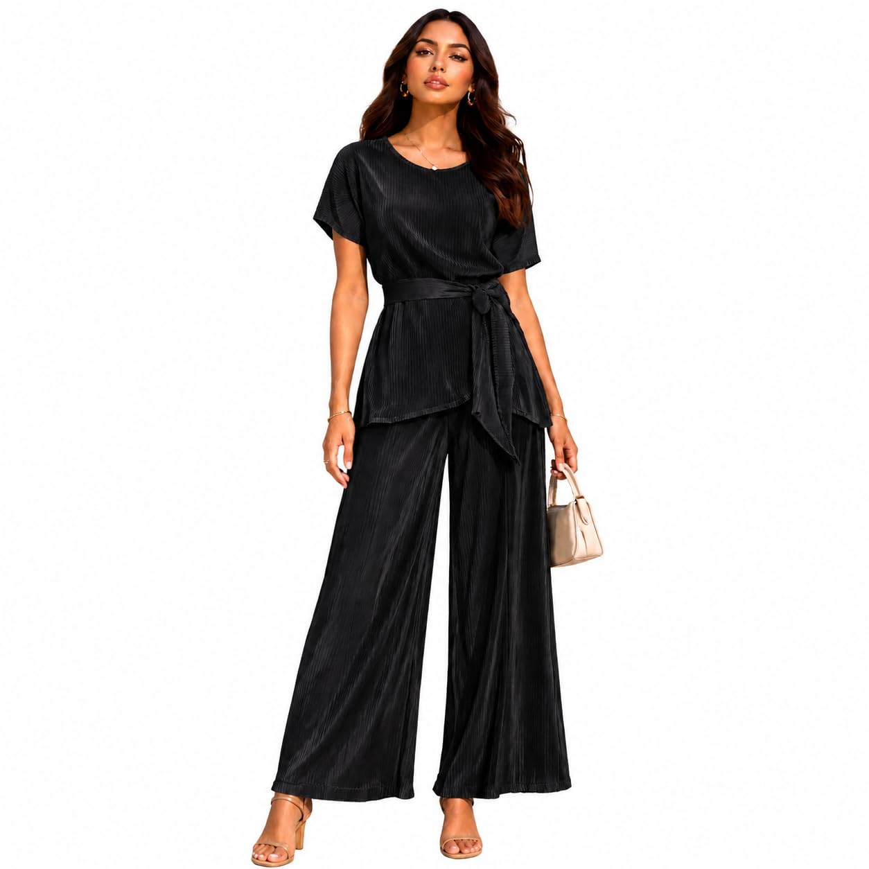 Pleated Coord Set with Tie Belt and WideLeg Palazzo Pants-picture-19