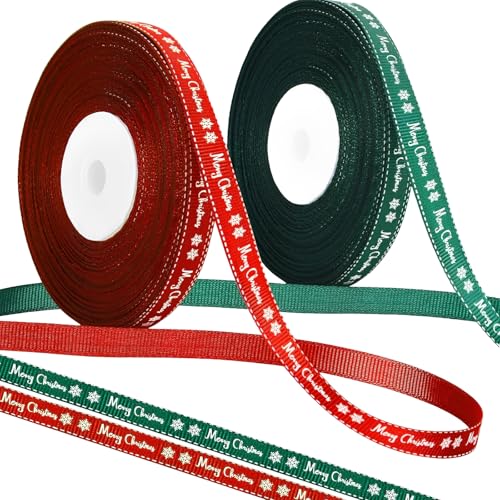 2 Rolls 40 Yard Merry Christmas Ribbons White Snowflake Pattern with The Words Merry Christmas DIY Crafts Wrapping Rope for Crafting Xmas Tree Presents Flowers DIY Gift Basket.(Red and Green)