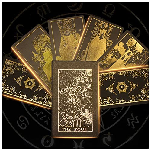 Tiaioang Jeu de 78 Cartes Tarot avec Guide et boîte, en Feuille d'or Luxe imperméables PVC Brillantes holographiques Divination révélateur Fortune Noir Cover