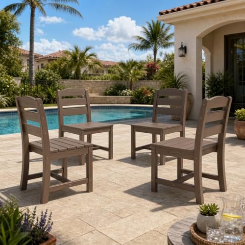 SERWALL Outdoor Armless Dining Chairs Set of 4, All-Weather HDPE Patio Dining Chair with 19.7 Widened Seat, for Backyard, Deck, Lawn and Garden, Brown