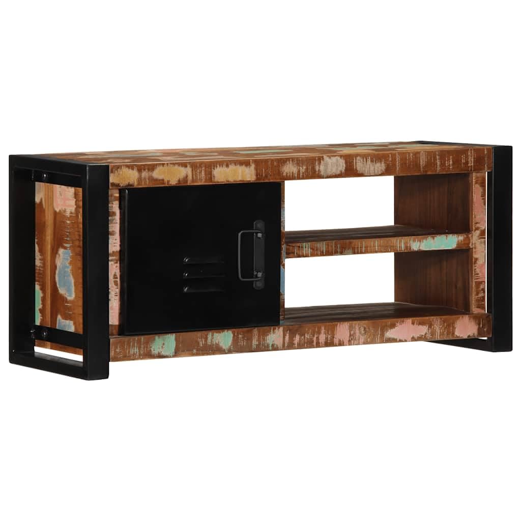 Mobile TV 80 x 30 x 35 cm, in legno massiccio anticato con maniglie in metallo e struttura in ferro, credenza bassa con vano portaoggetti, cassetto, scaffale per soggiorno, camera da letto