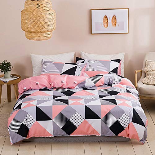 Loussiesd Girls 3 Pcs Duvet Cover Double Size, Modern Geometric Triangle Pattern Bedding Set for Kids Adults Plaid Strip Bedclothes Grey Pink White Bedspread Cover Luxury Microfiber Bedding