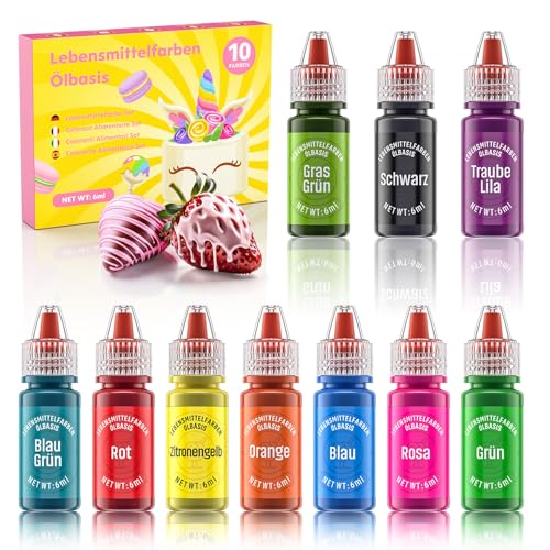 Fettlösliche Lebensmittelfarbe, Wwtop 10 Farben Ölbasis Lebensmittelfarben für Schokolade Tortendeko, Hochkonzentrierte Food Coloring Set für Fondant, Cupcake, Backen, Speisefarbe -6ml je