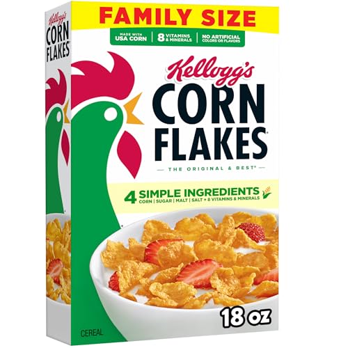 Image of Kellogg's Corn Flakes, Breakfast Cereal, Original, Fat-Free, 18 oz Box | 8 Vitamins and Minerals, Family Breakfast