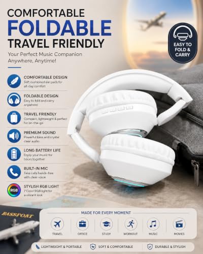 Image of RASSFOAT X7 RGB Wireless Headphones - Powerful Sound, 30H Playtime & Stunning 7-Color RGB Lights. Foldable, Comfortable, and Perfect for Music, Gaming, Movies & Calls-Anywhere, Anytime.