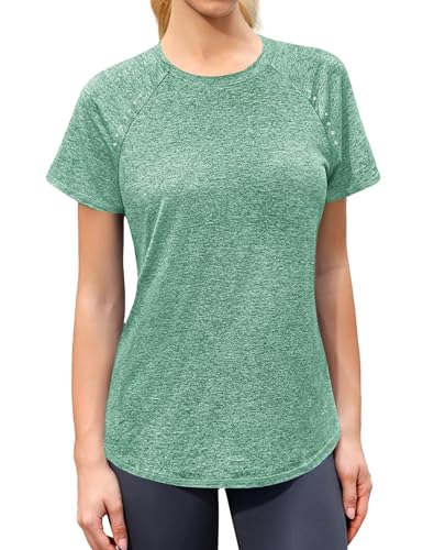 Gyabnw Ladies Gym Tops Crew Neck Yoga Tops Quick Dry Workout T-Shirts with Moisture-Wicking Fitness Tee Sportswear for Running and Training Green