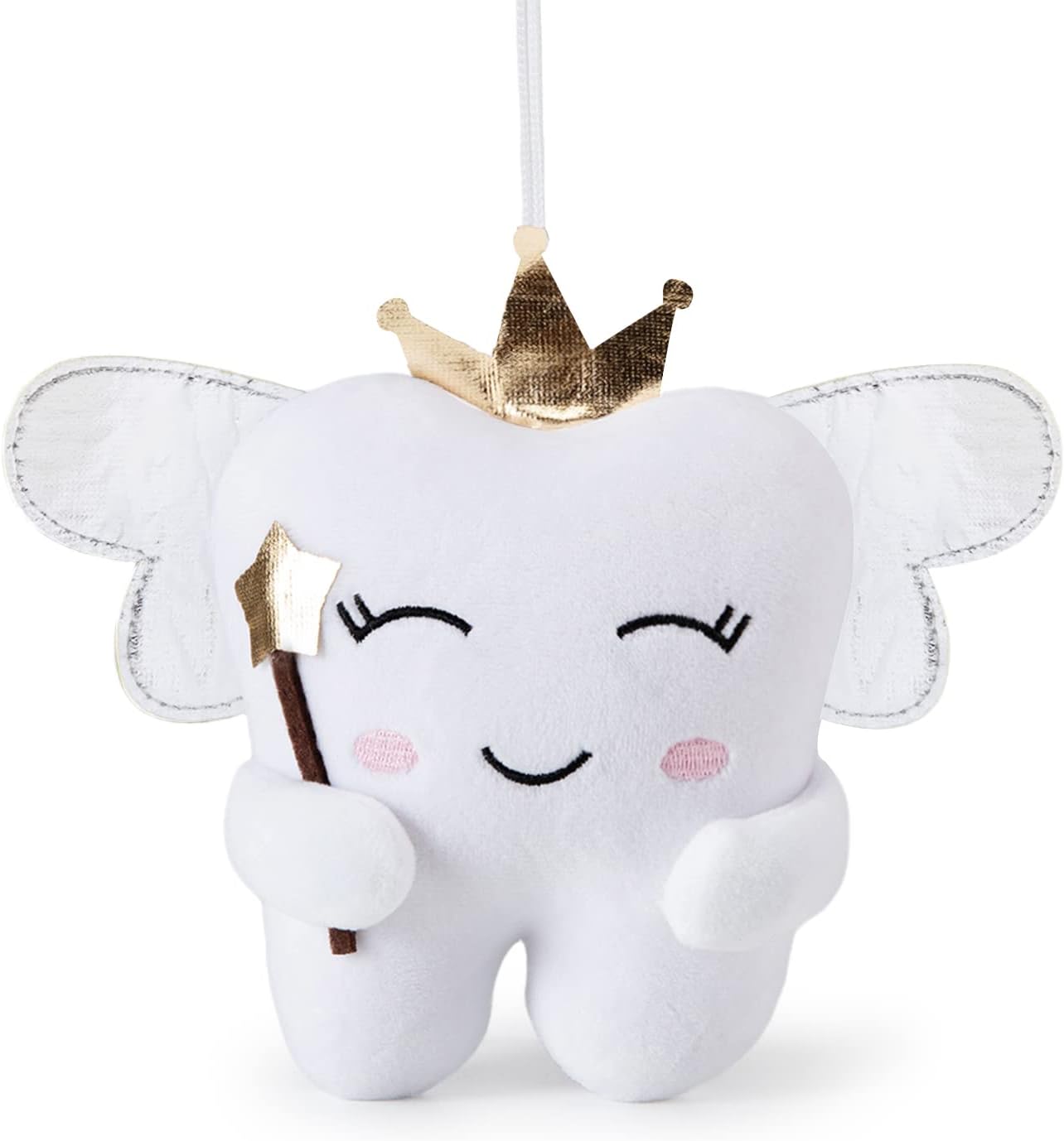 free-space Tooth Fairy Doll with Shiny Wings Embroidered Tooth Fairy Pillow with Pocket Tooth Fairy Souvenir Boy Girl Gift (White)
