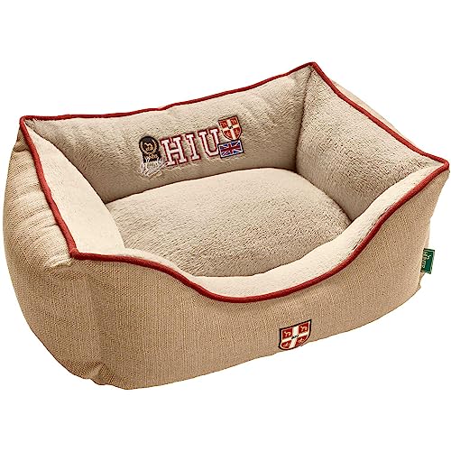 HUNTER Hundesofa UNIVERSITY, gemütliches Hundebett im College-Look, weiches Kuschelsofa mit Wendekissen, erhöhter Rand, Bezug waschbar, Farbe: beige, Größe: L