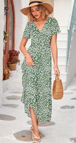 Image of WNEEDU Women's Summer Maxi Dress Short Sleeves Wrap V Neck Long Dresses with Pockets