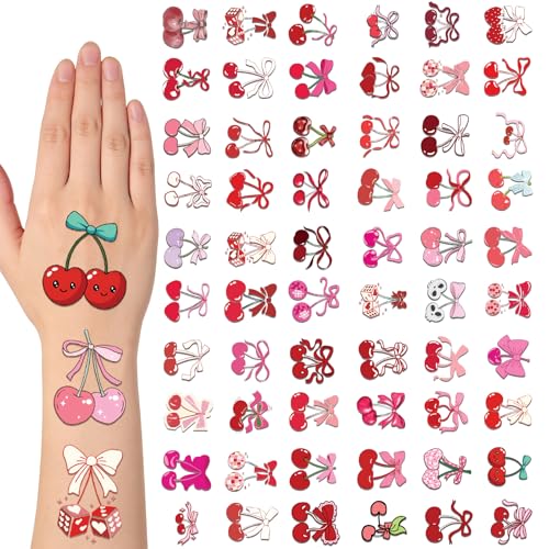 60 Pcs Pink Cherry Temporary Tattoos for Girls and Adults Stocking Stuffers, Sweet Cherry Party Favors Stickers for Girls Bachelorette Party Decor, Cherry Birthday Goodie Bag Activities Games