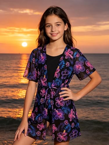 Image of Funnycokid Girls Bathing Suits One Piece Swimsuit with Cover Up Kids Swim Suit Size 8-16