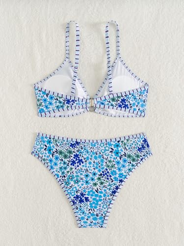 Image of Fanuerg Women's Triangle Bikini Sets O Ring Linked Two Piece Swimsuits Floral Printed Cheeky Bathing Suit
