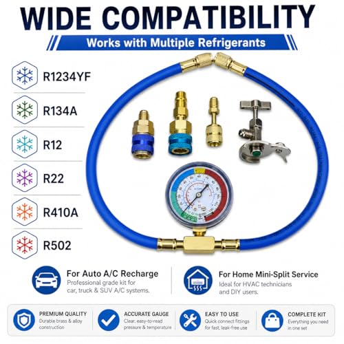 R1234YF Refrigerant Recharge Kit with Gauge – 1234YF Refrigerant & R134A AC Recharge Kits, with R-1234YF r134a Recharge Kit Self-Piercing Can Tap, Low-Side Quick Coupler, R410A Adapter for Auto AC