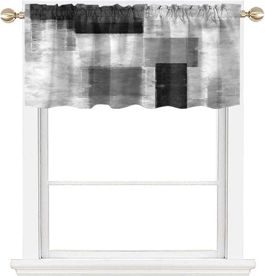 AAtter Black and Grey Kitchen Valance Curtain for Window Abstract Dark White Silver Geometric Small Short Home Living Room Bedroom Bathroom Drape Fabric 1 Panel, 52" W x 18" L, Modern