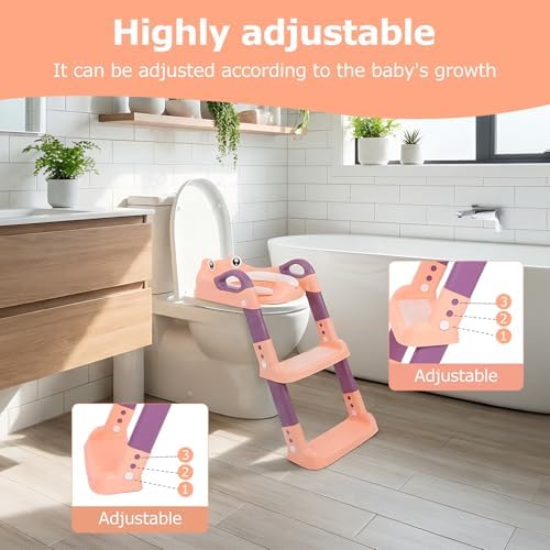 Kids Potty Training Seat, Detachable Toddler Toilet Seat Ladder with Adjustable Height PVC Soft Cushion for Toddlers Boys Girls(pink) - 4
