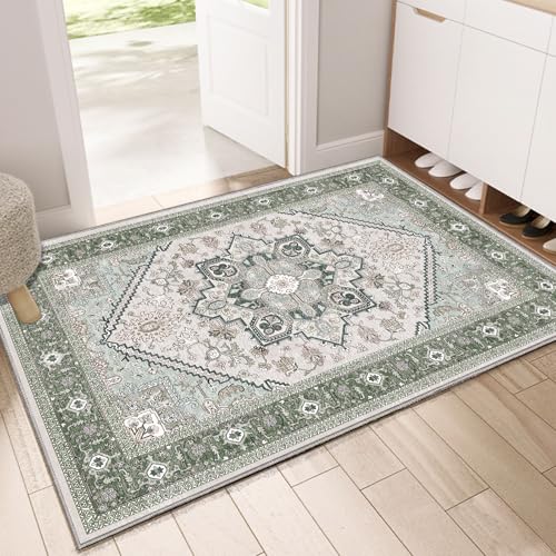 OPPODREAM Soft Throw Rugs 2x3, Small Washable Entryway Rugs 2 x 3 with Non Slip Backing, Low-Pile Faux Cashmere 2 x 3 Carpet, Green
