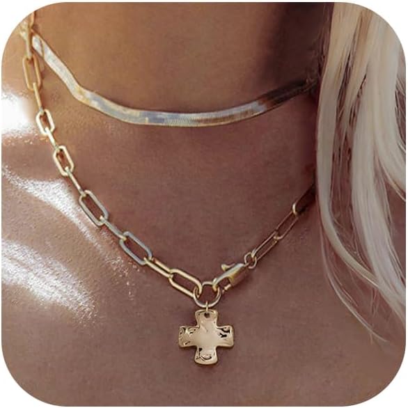 Chunky Cross Necklace for Women Trendy Gold Silver Layered Statement Cross Pendant Charm Necklace Vintage Paperclip Herringbone Snake Choker Chain Costume Jewelry Set Gift Non Tarnish