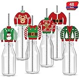 48 Pieces Christmas Drinking Straw Decorations Set, Ugly Sweater Paper Straw Striped Decorative, Holiday and Christmas Party Striped Straw Decorative for Cups, Party Favors and Cupcake Toppers