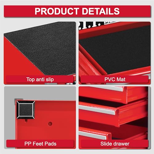 image for P.I.T. Mini Red Tool Box, Portable 5-Drawer Micro Roll Cab Steel Tool 