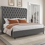 AMERLIFE Queen Size Bed Frame with 60' Tall Wingback Headboard, Velvet Upholstered Platform, Button Tufted Sleigh Design, No Box Spring Needed,Grey