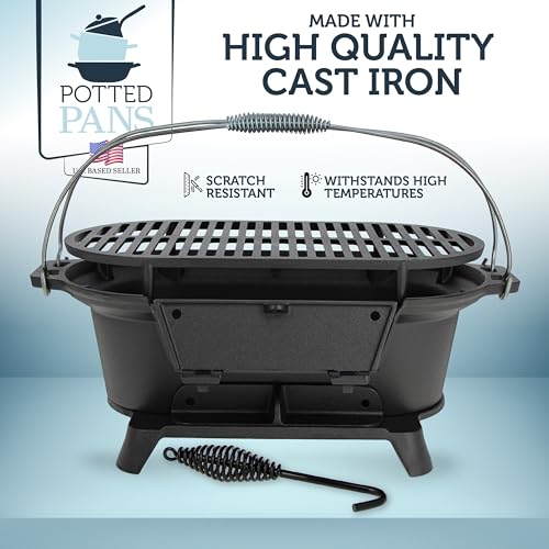 Potted Pans 830878 Hibachi Grill - 20 Inch Portable Cast Iron Outdoor Tabletop Grill - Handled Mini Japanese Bbq Charcoal Stove thumb #3